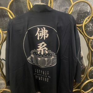 Black Kimono with White Graphic Design